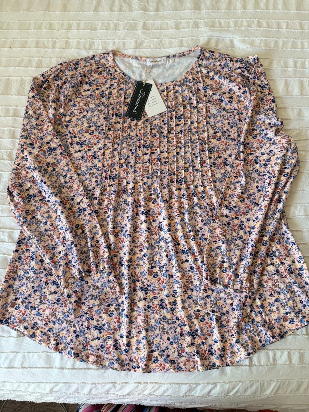 Fantaslook Womens 2XL Floral Blouse NWT Pink Blue Pintuck Long Sleeve Plus Size